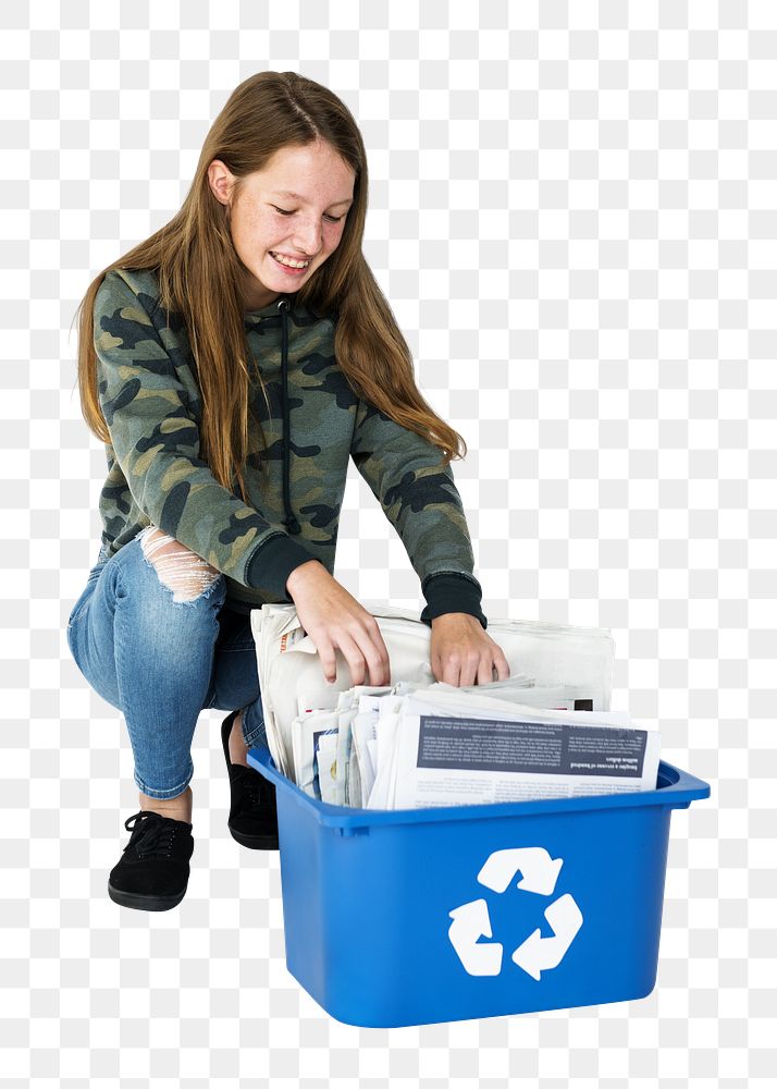 Girl  recycling papers png, transparent background
