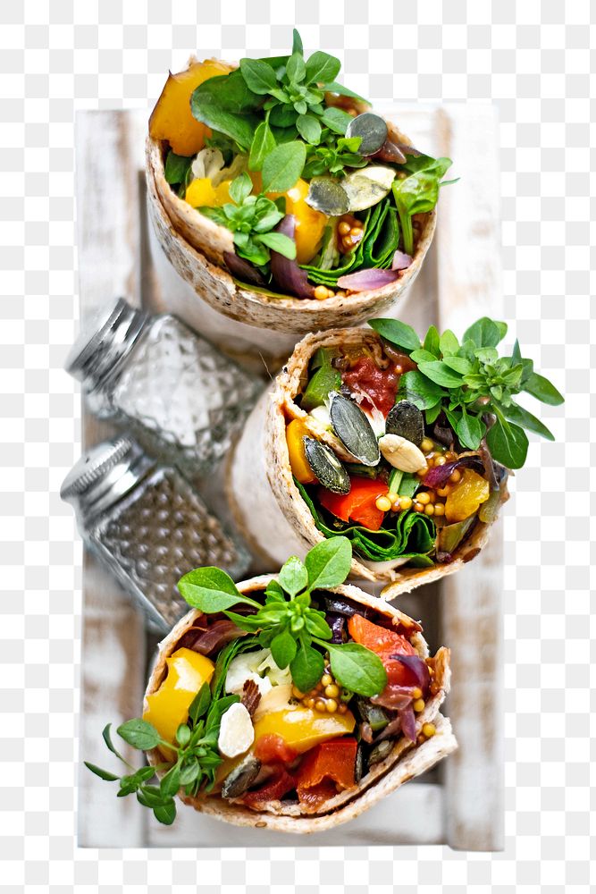 PNG Tortilla wraps with roasted vegetables and mozzarella cheese, collage element, transparent background