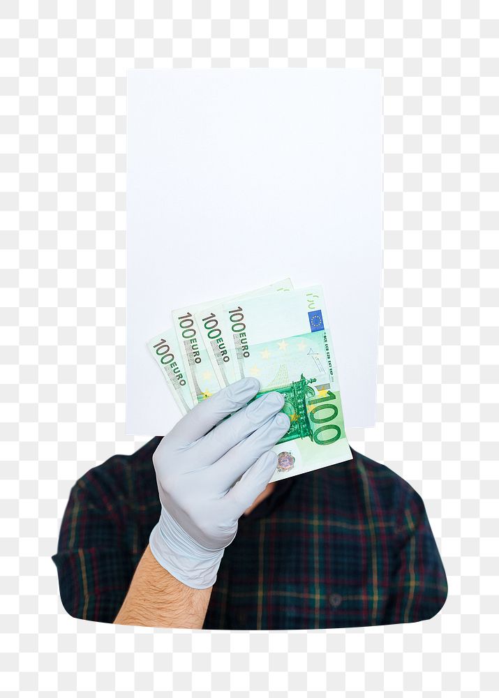Gloved hands png holding blank paper and bank notes, transparent background