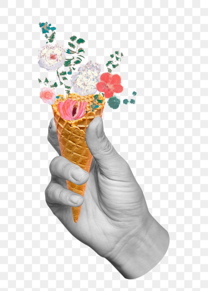 Png Hand holding vintage floral cone, transparent background, remixed from artworks by Pierre-Joseph Redouté