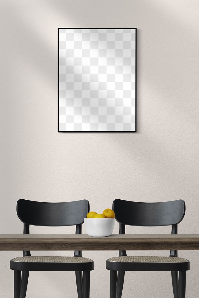 Picture frame png mockup hanging in dining room, transparent design