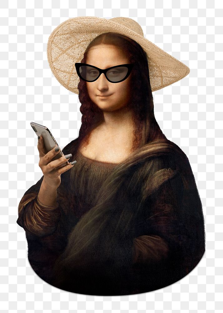 Mona Lisa using phone png, transparent background, famous artwork remixed by rawpixel,
