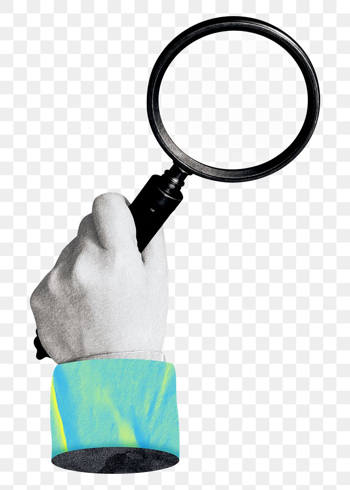 Hand holding magnifying glass png, transparent background