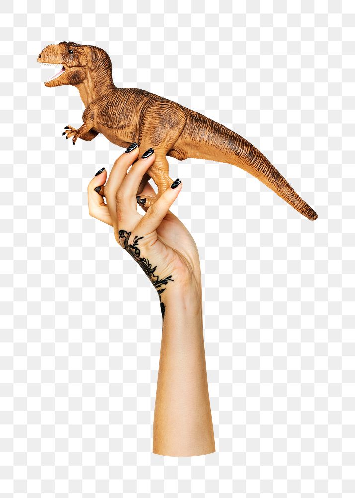 Dinosaur toy png in hand on transparent background