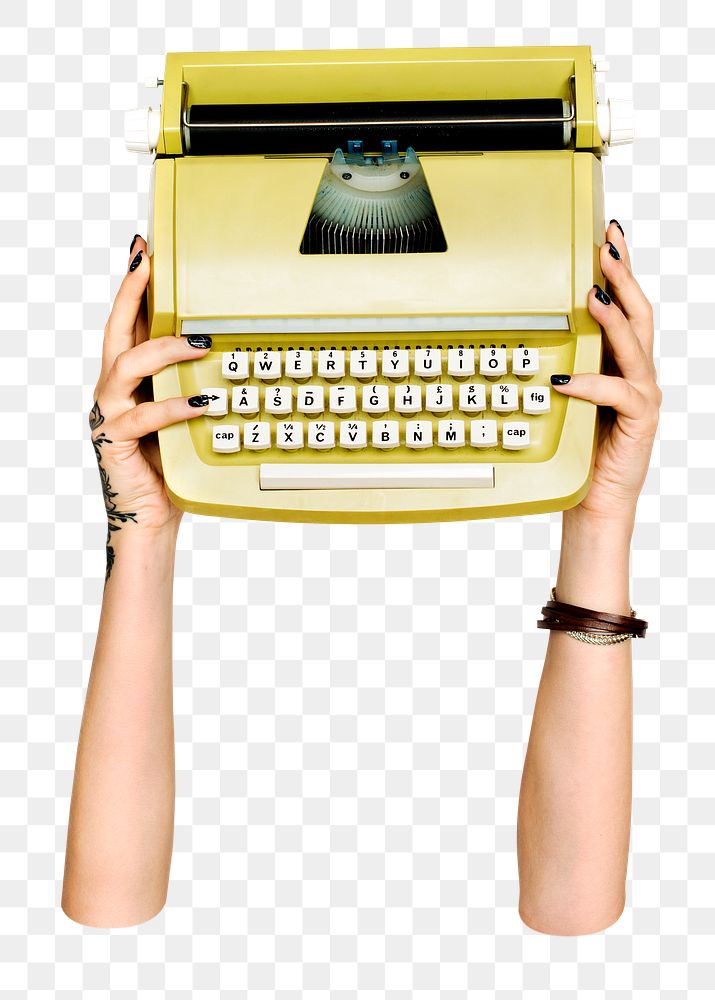 Hand holding png typewriter, transparent background