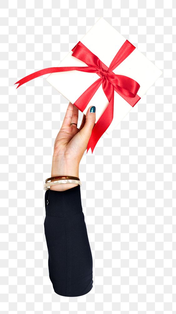 Gift box png in hand, transparent background