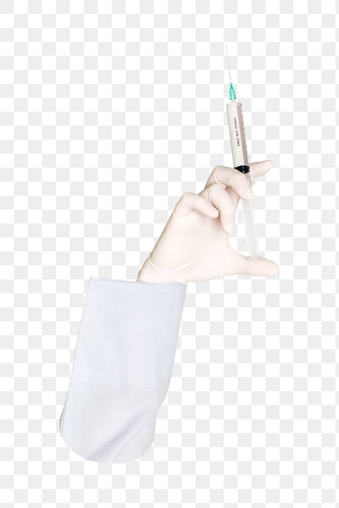 Syringe png in hand, transparent background
