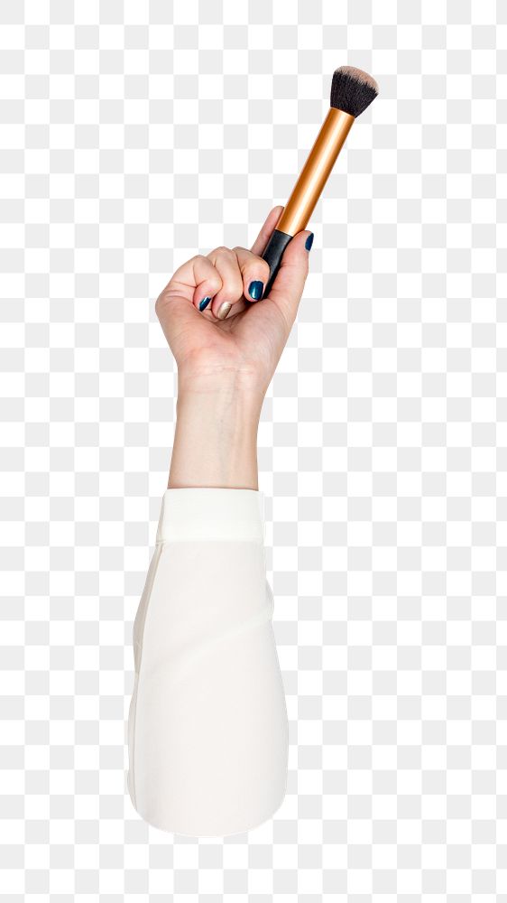 Makeup brush png in hand, transparent background