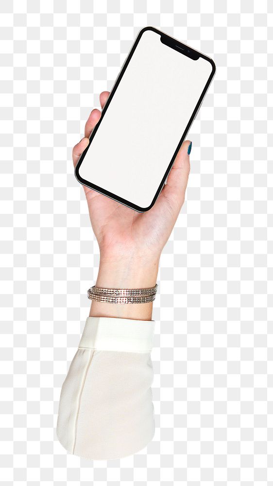 Smartphone png in hand, transparent background