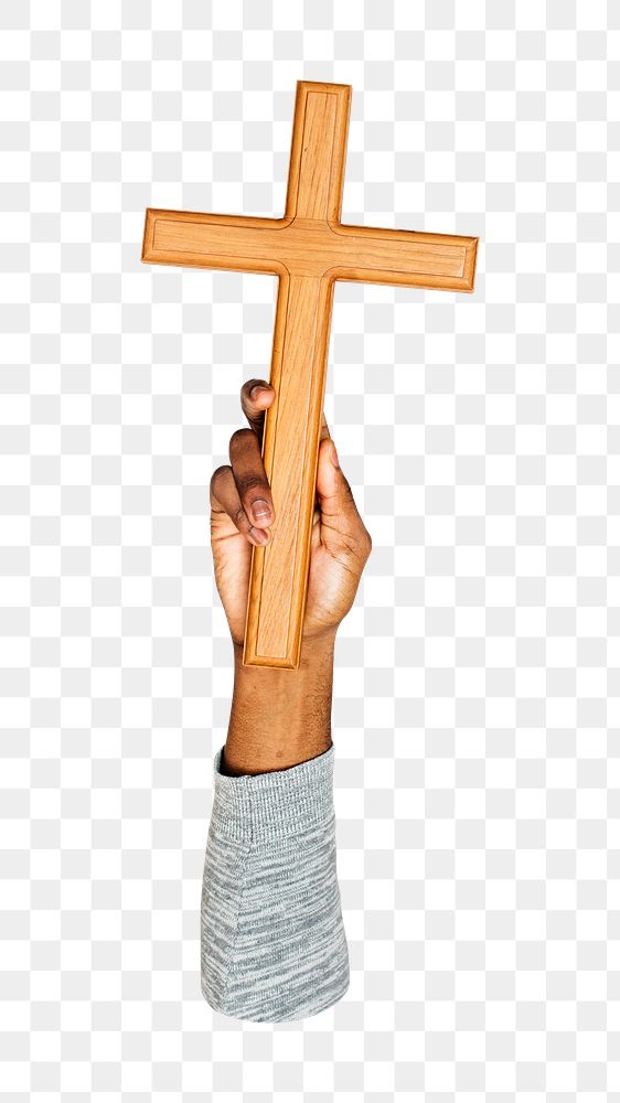 Wooden cross png in hand, transparent background