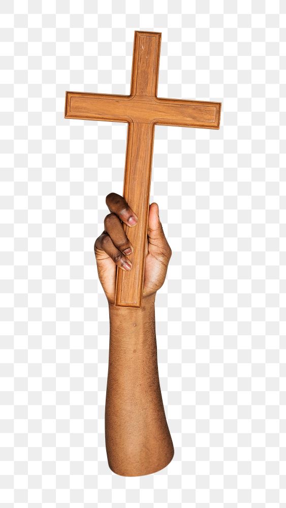 Wooden cross png in black hand, transparent background