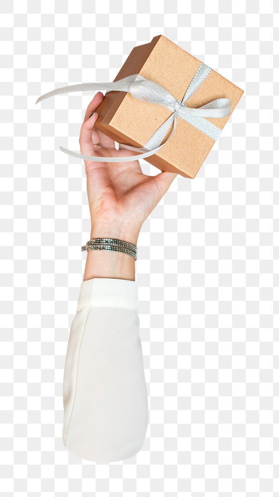 Gift box png in hand, transparent background