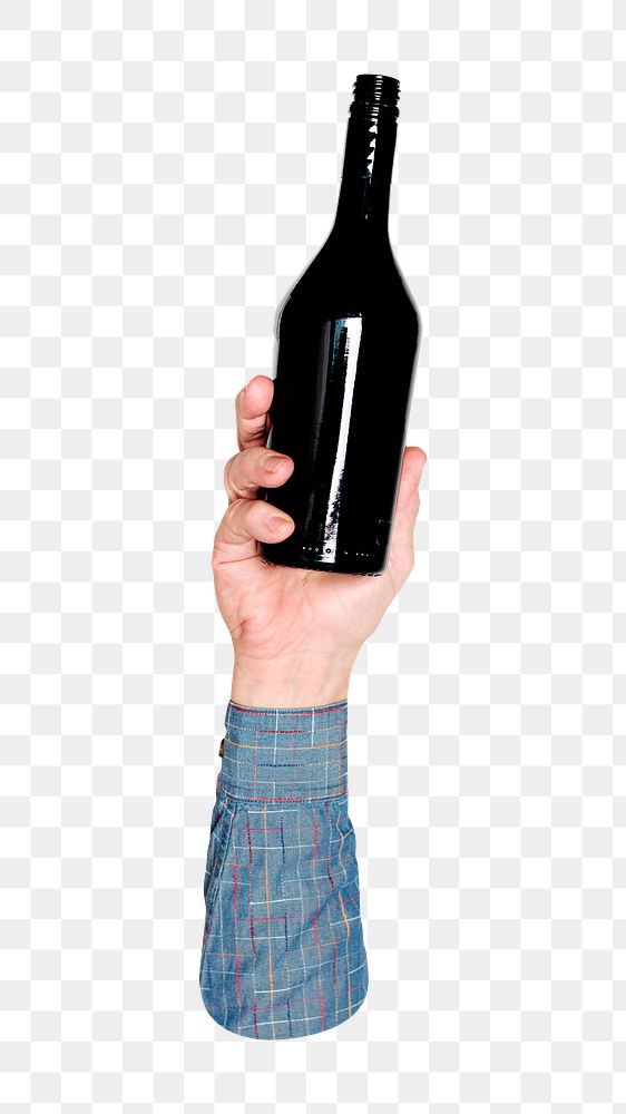 Glass bottle png in hand, transparent background