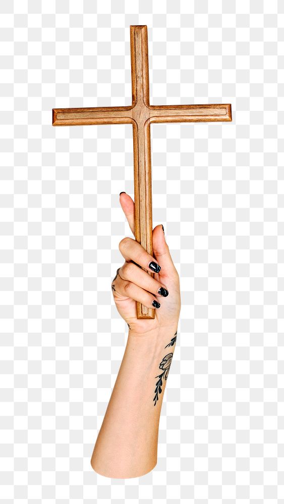 PNG Wooden cross in hand, collage element, transparent background