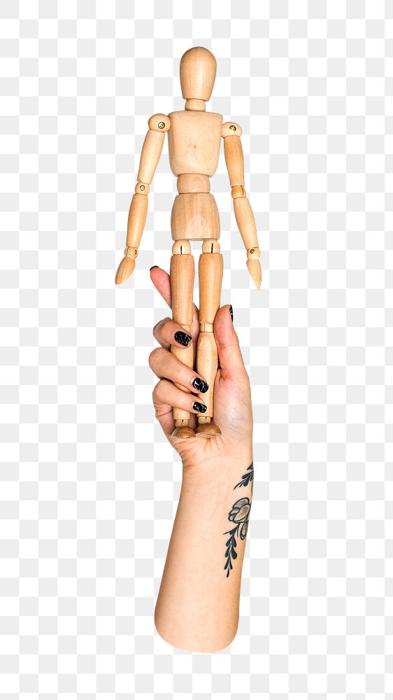 Wooden mannequin png in hand, transparent background