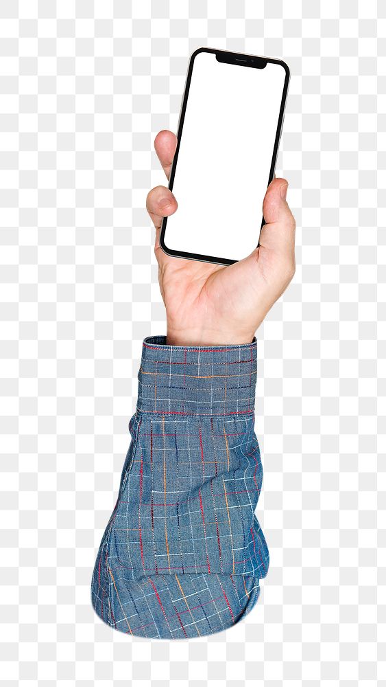 Smartphone png in hand, transparent background