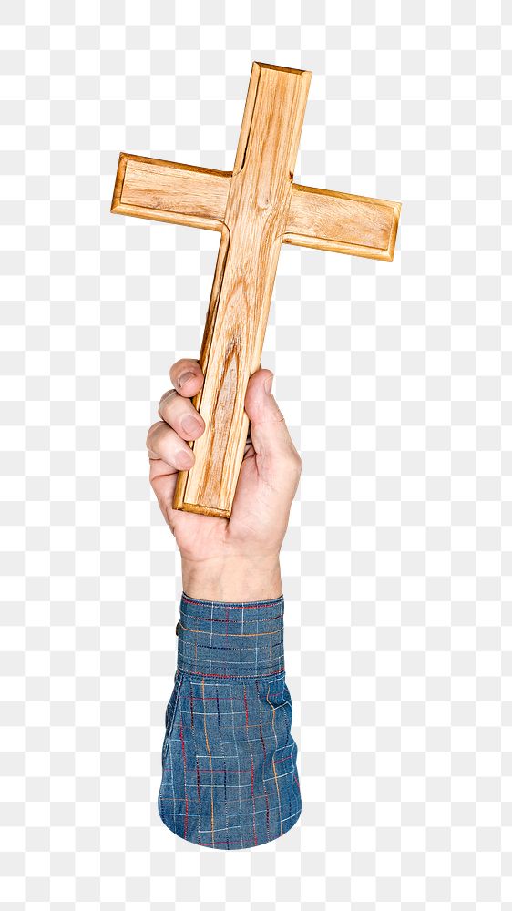 Wooden cross png in hand, transparent background
