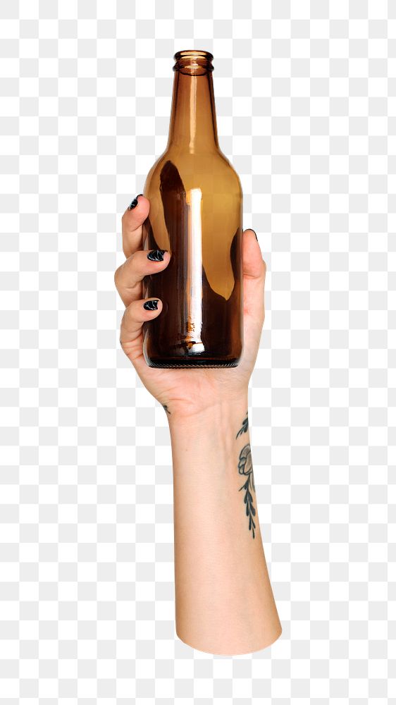 Glass bottle png in hand on transparent background
