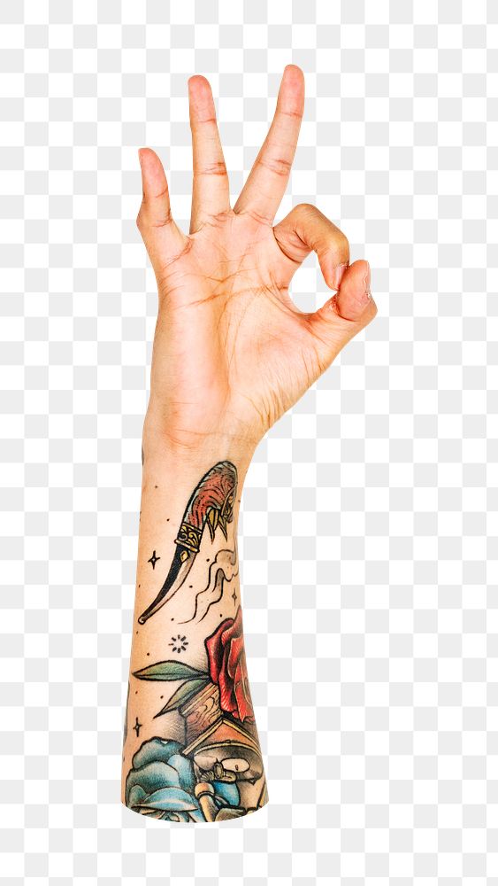 OK png tattooed hand gesture, sign language on transparent background