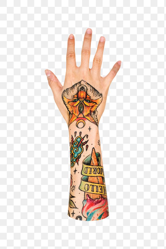 Png five fingers up tattooed hand gesture, sign language on transparent background