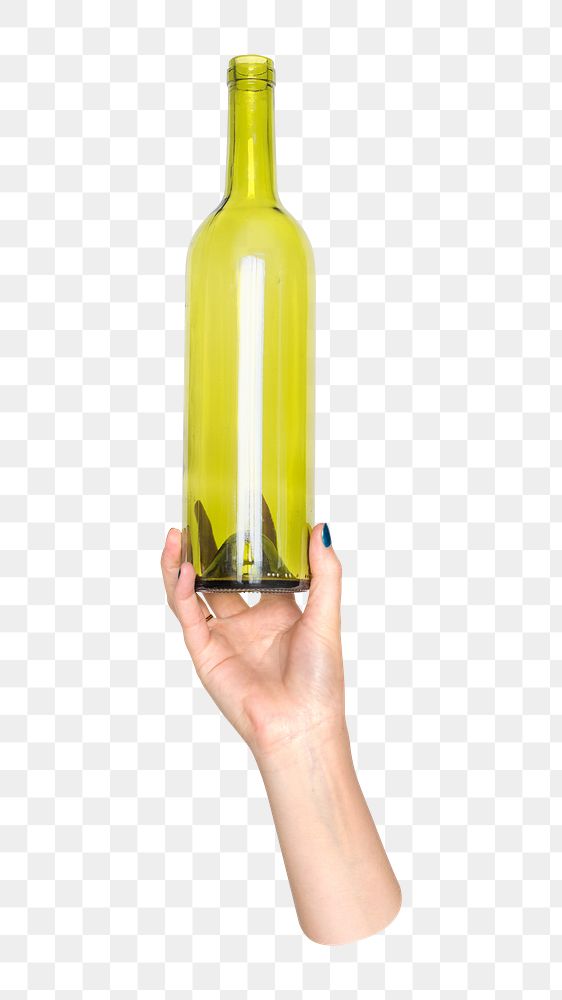 Glass bottle png in hand, transparent background