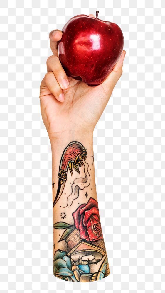 Apple png in tattooed hand on transparent background