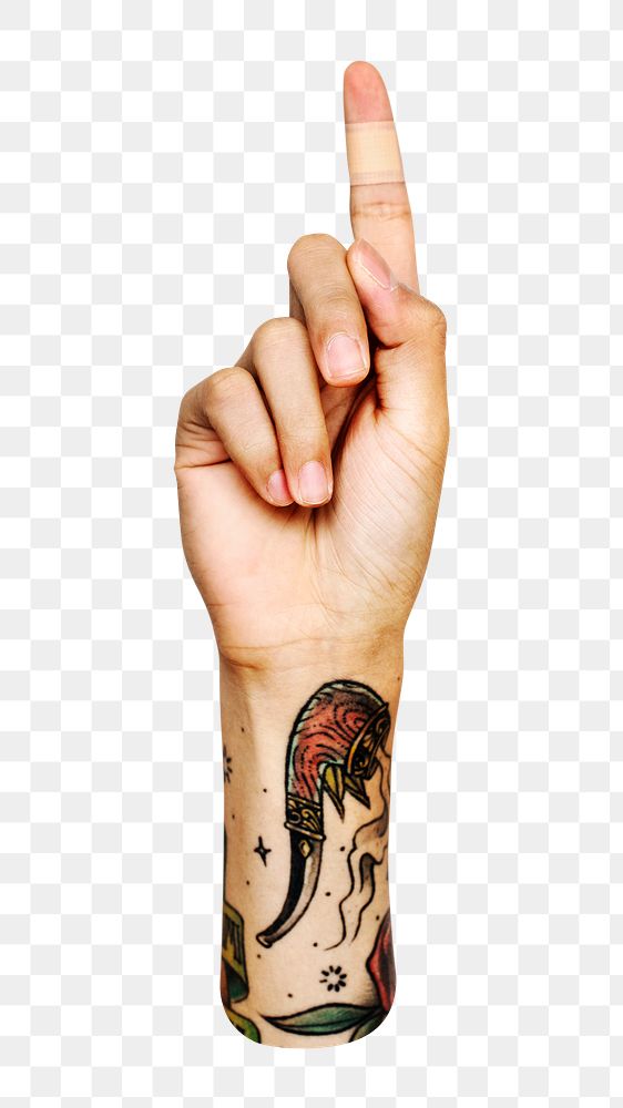 Png index finger up tattooed hand gesture on transparent background