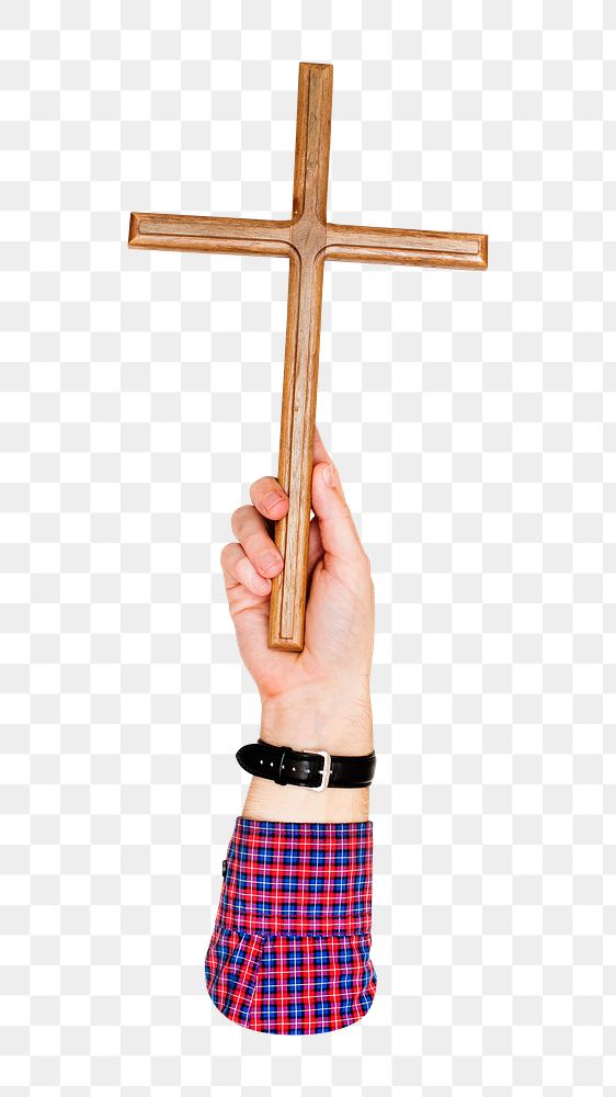 Wooden cross png in hand, transparent background