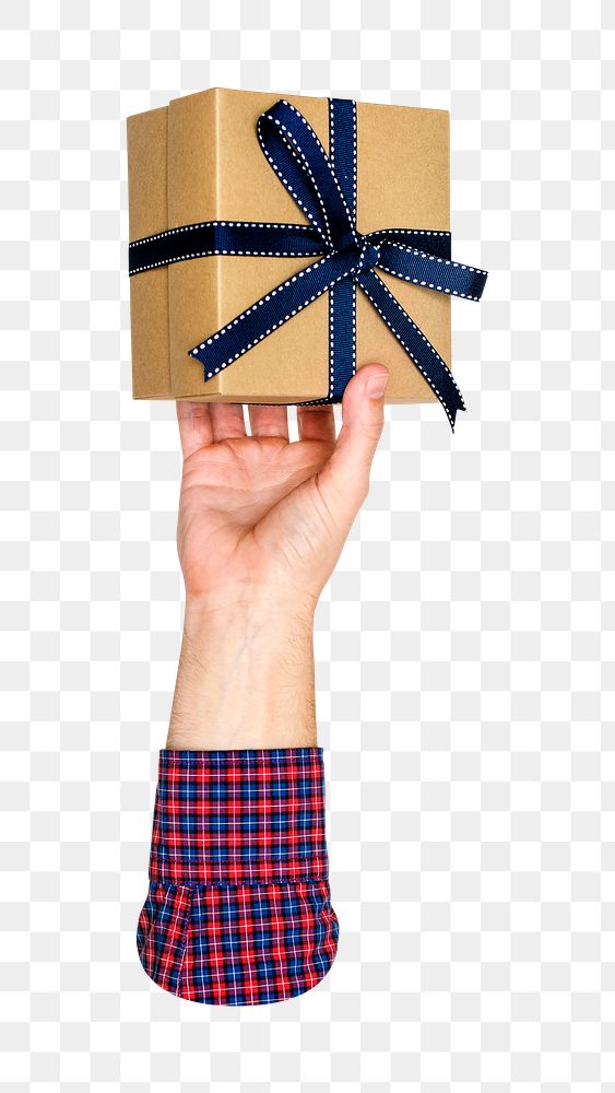 Gift box png in hand, transparent background