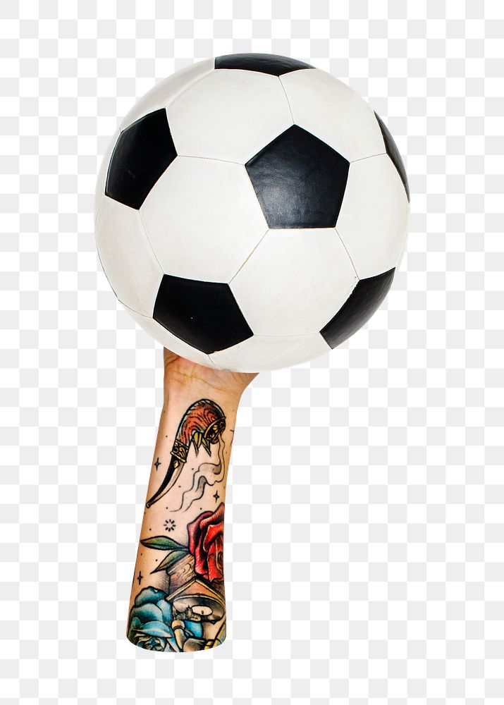 Football ball png in tattooed hand on transparent background