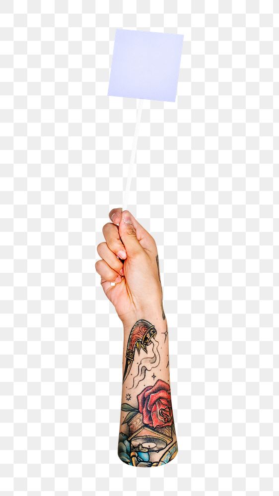 Paper & stick png in tattooed hand, transparent background