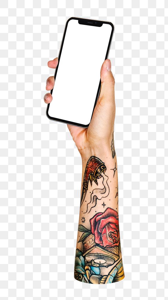 Smartphone png in tattooed hand on transparent background