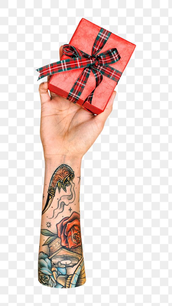 Gift box png in tattooed hand on transparent background