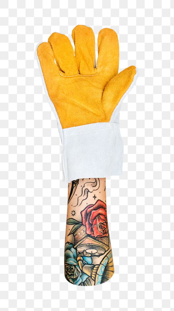 Png heat resistant glove in tattooed hand, transparent background