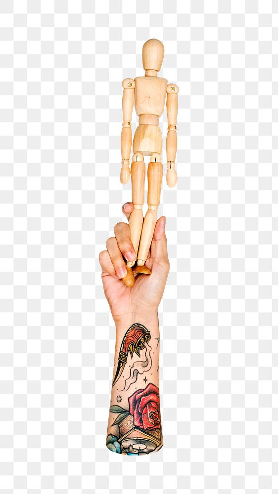 Wooden mannequin png in hand on transparent background