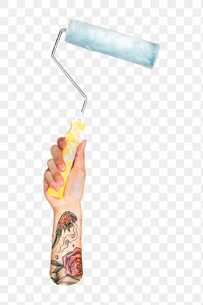 Paint roller png in tattooed hand, transparent background