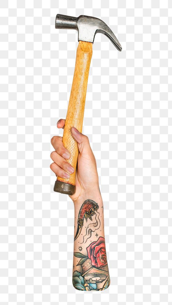 Hammer png in hand, transparent background