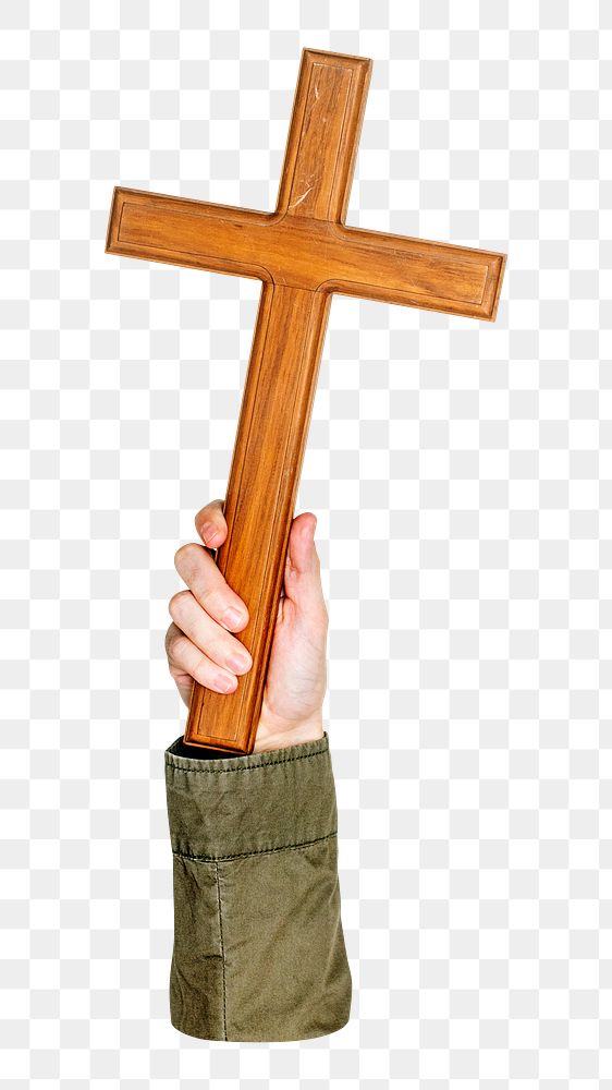 Wooden cross png in hand on transparent background
