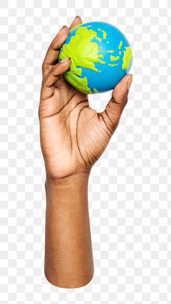 Earth globe png in black hand, transparent background