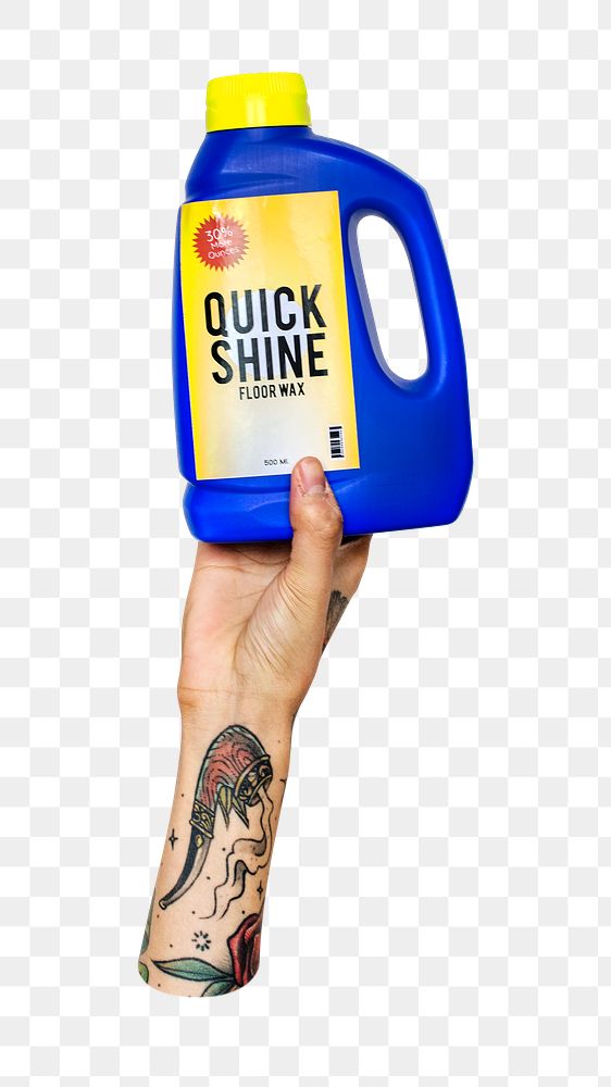 Cleaning product png in tattooed hand, transparent background
