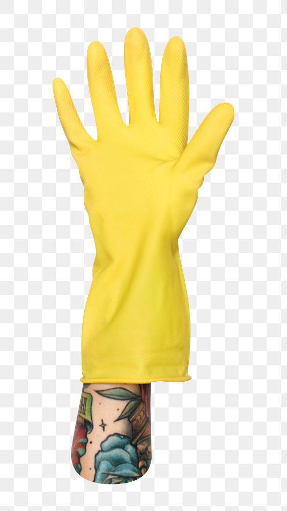 Rubber glove png in tattooed hand on transparent background