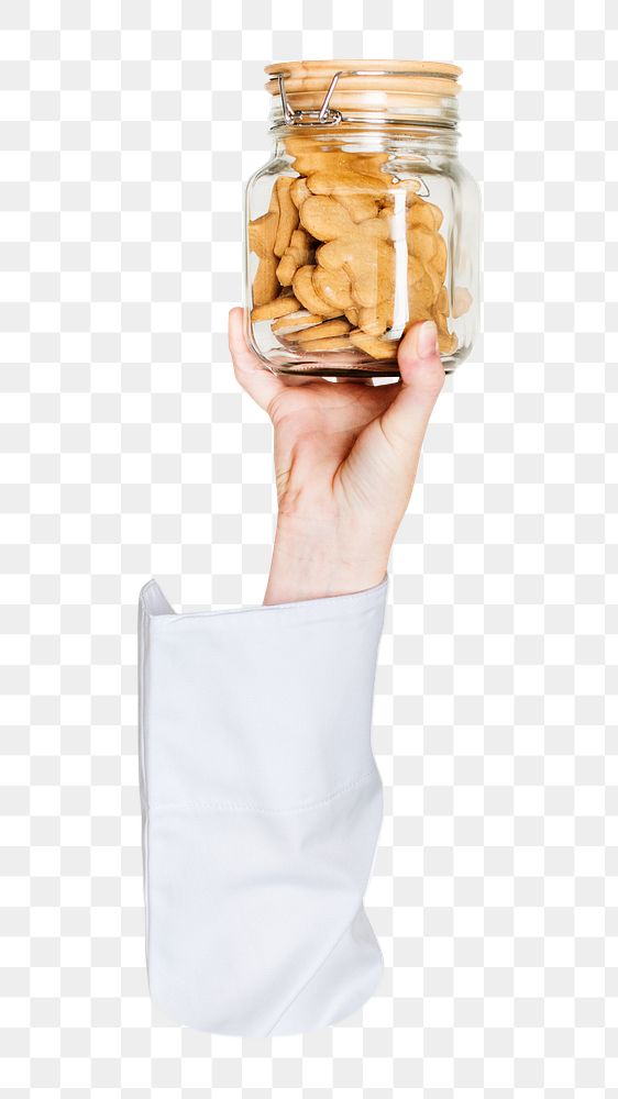 Png cookies jar in hand, transparent background