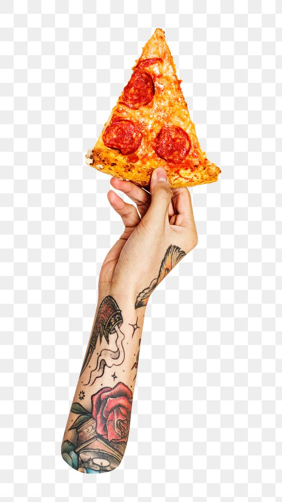 Pizza slice png in tattooed hand, transparent background