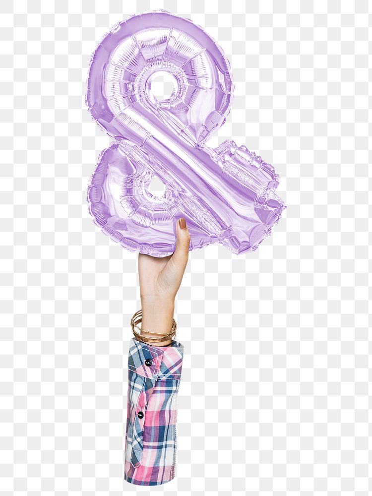 Ampersand symbol png, hand holding balloon on transparent background