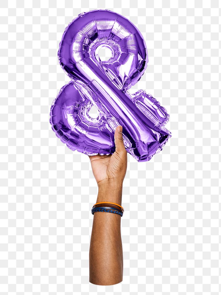 Ampersand symbol png, hand holding balloon on transparent background