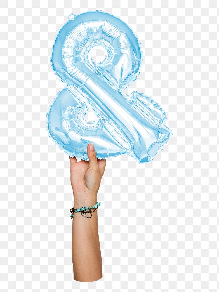 Ampersand symbol png, hand holding balloon on transparent background