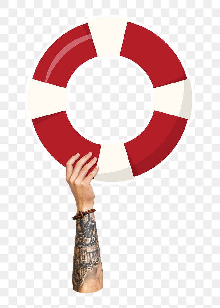 Hand holding lifebuoy png, transparent background