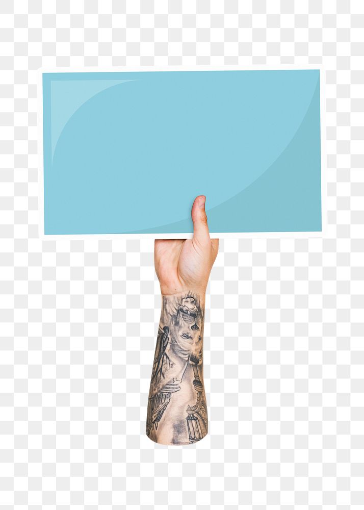 Hand holding png blank sign, transparent background