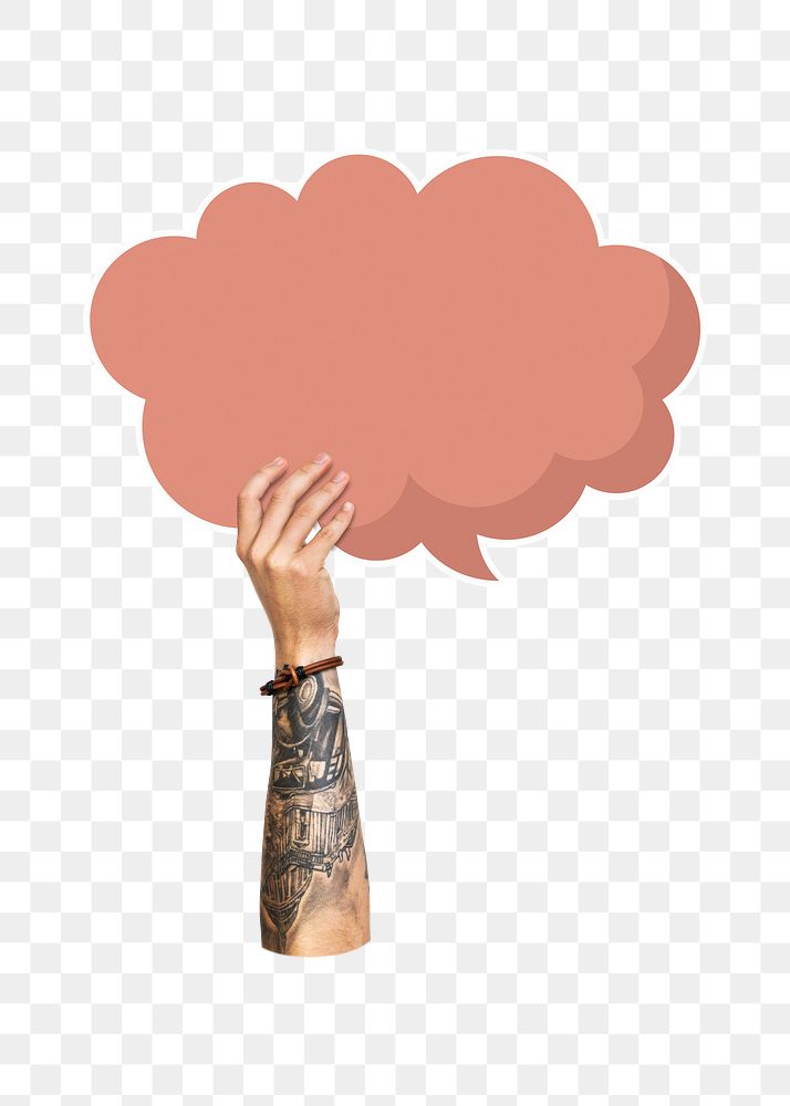 Png hand holding speech bubble, transparent background