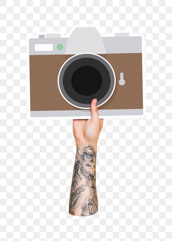 Hand holding camera png, transparent background